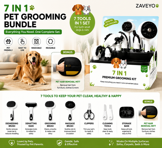 FurZap™ – BUNDLE 7 in 1 PET HAIR GROOMING TOOL SET + FREE x2 Electrostatic Pet Hair Remover Glove 2.0